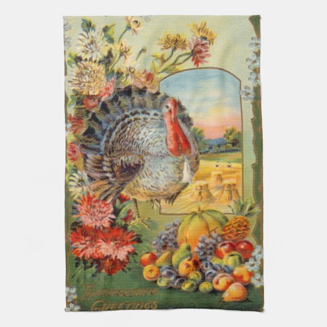 Söt vintage-Thanksgiving-kalkon  Kökshandduk (Vertikal)