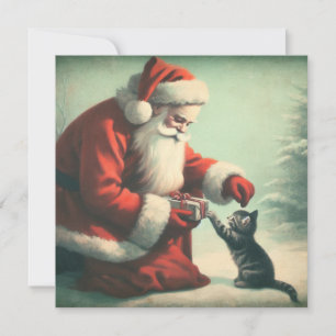 Söt vintage tomte med kattunge  kort
