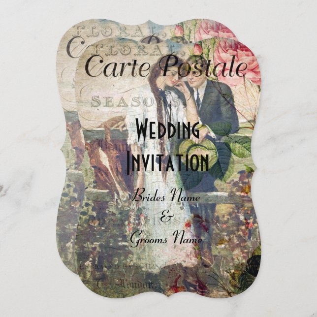 Söt vintage vykort bröllop (Fram/baksida)