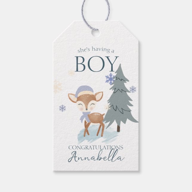 Söt vinter baby hjort pojke kid presentetikett (Framsidan)