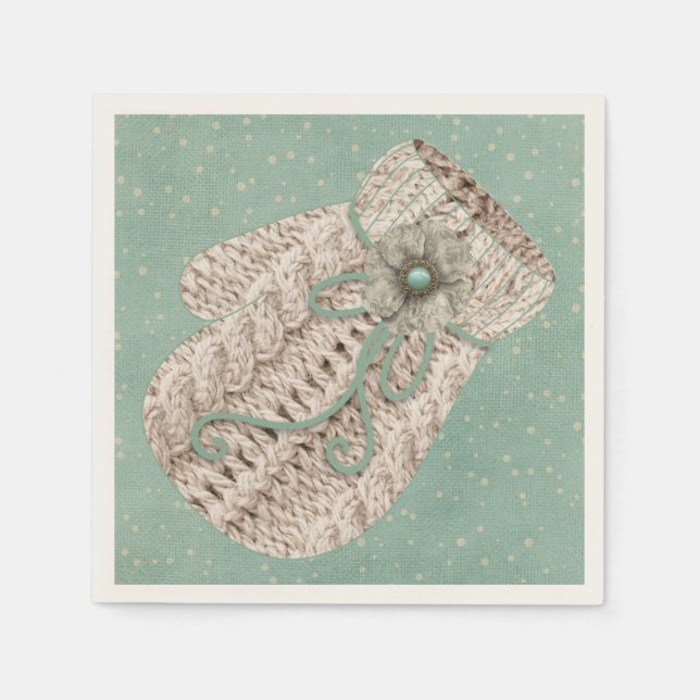 Söt vinter flätstickad handske vintage snö pappersservett (Framsidan)