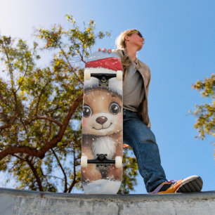 Söt vinter jul tomte björnunge akvarell  mini skateboard bräda 18,5 cm
