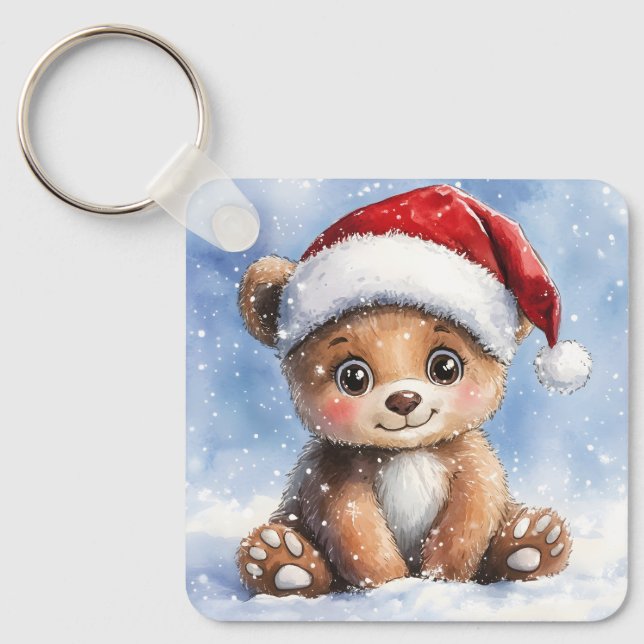 Söt vinter jul tomte björnunge akvarell  nyckelring (Framsida)