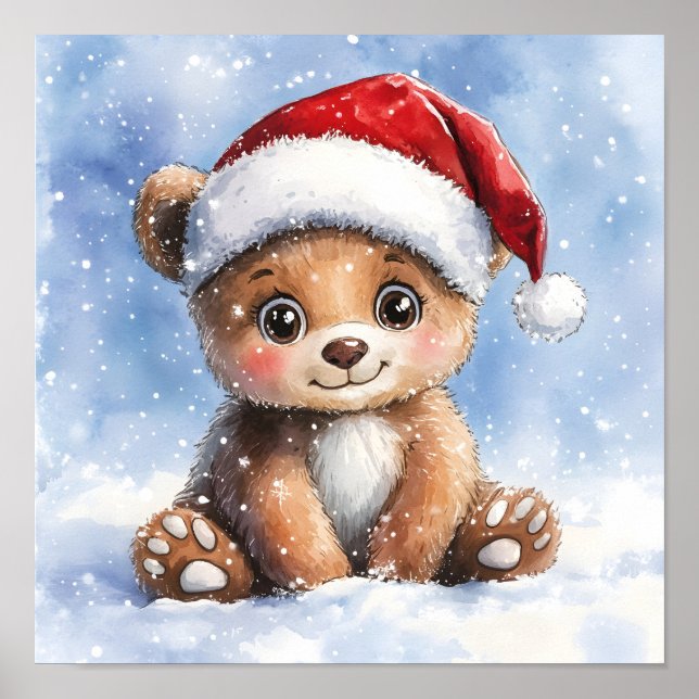 Söt vinter jul tomte björnunge akvarell  poster (Framsidan)
