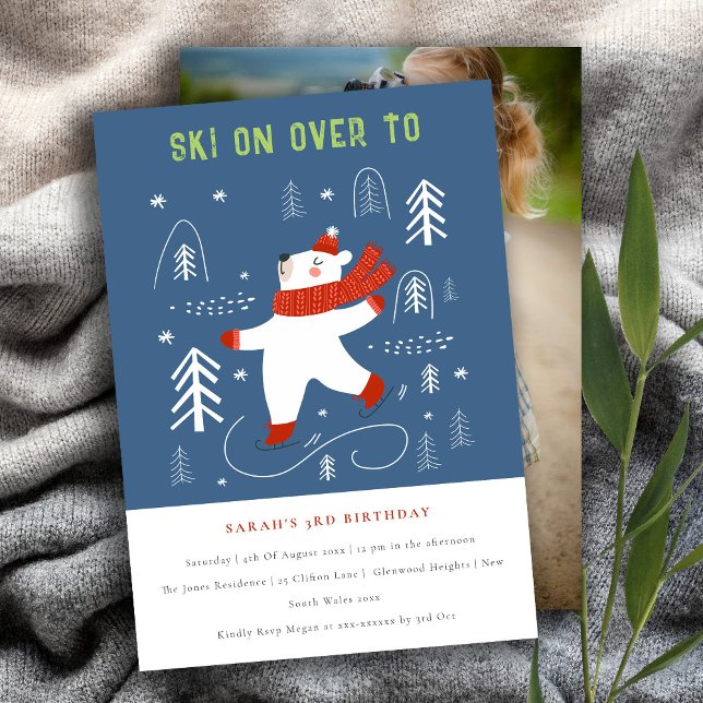 Söt vinter skog björn skid foto barn födelsedag inbjudningar (Skapare uppladdad)