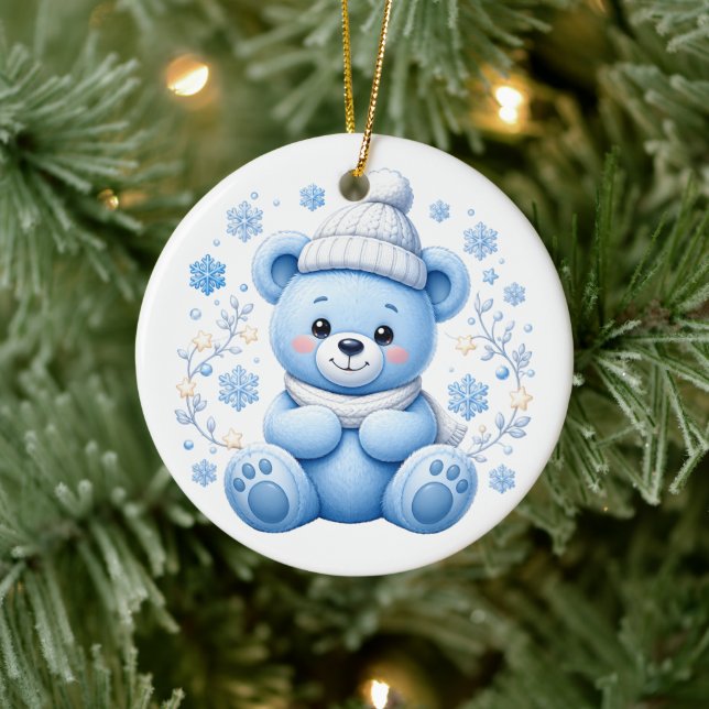 Söt vinterblå teddybjörn julgransprydnad keramik (Träd)