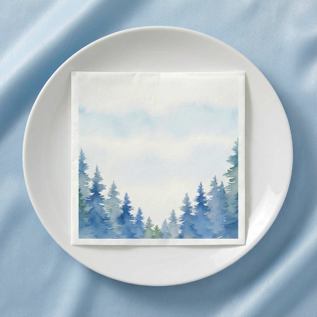 Söt vinterblåa gräs träd bröllop napkin pappersservett (Pretty winter blue pine trees wedding napkin.)