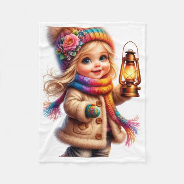 Söt vinterflicka som håller lykta fleece babyfilt (Framsidan)