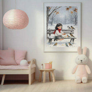 Söt vinterflicka som matar fåglar Barnkammar Väggk Poster
