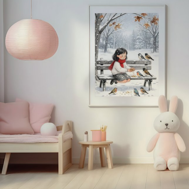 Söt vinterflicka som matar fåglar Barnkammar Väggk Poster (Cozy Winter Wall Art Girl and Birds Nursery Room Decor Print)