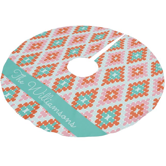 Söt vintergeometrisk mönster Teal och rosa namn  Julgransmatta Borstad Polyester (Vinklad)