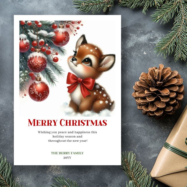 Söt vinterhjortescen snöig skog hälsning julkort (Sweet baby deer winter scene snowy forest greeting card)