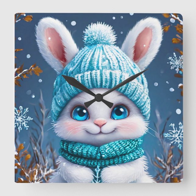 ❄️ Söt vinterkanin för barnkammardekor 🐰 Fyrkantig Klocka (Framsida)