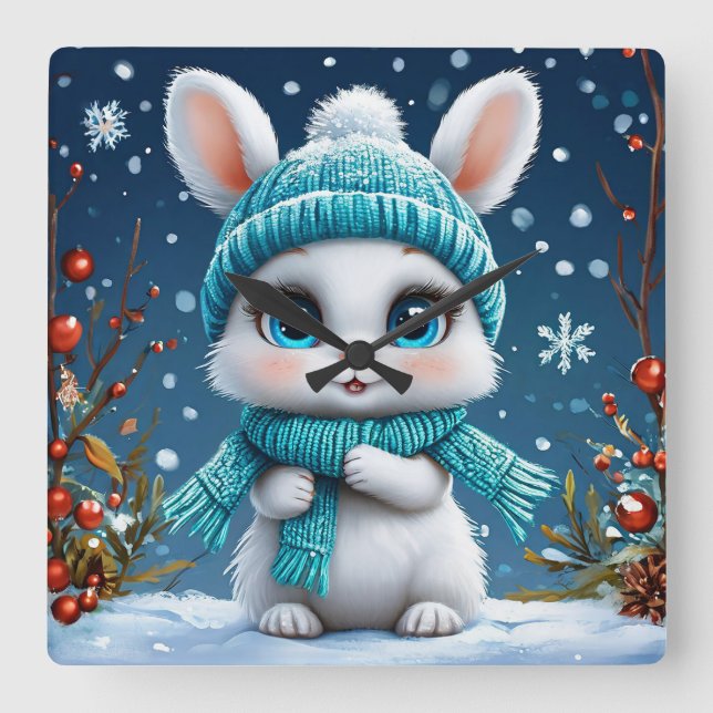 ❄️ Söt vinterkanin Snöig rumsdekorpresent 🐰 Fyrkantig Klocka (Framsida)