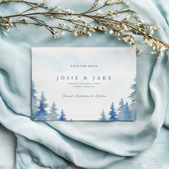 Söt Vintern gräs träd bröllop spara datum Spara Datumet (Winter forest soft blue and green pine trees wedding save the date card)