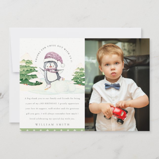 Söt vinterpingvin barn foto valfri ålder födelseda tack kort (Framsida)