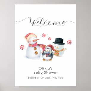 Söt vinterpingvin snöman Baby Shower Välkommen Poster