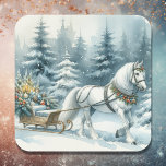 Söt Vinterscen med vit häst i Snö Fyrkantigt Klistermärke<br><div class="desc">Vattenfärgsai illustration av en söt vit häst som drar en bugggrej på en vinterdag. Julklistermärken.</div>