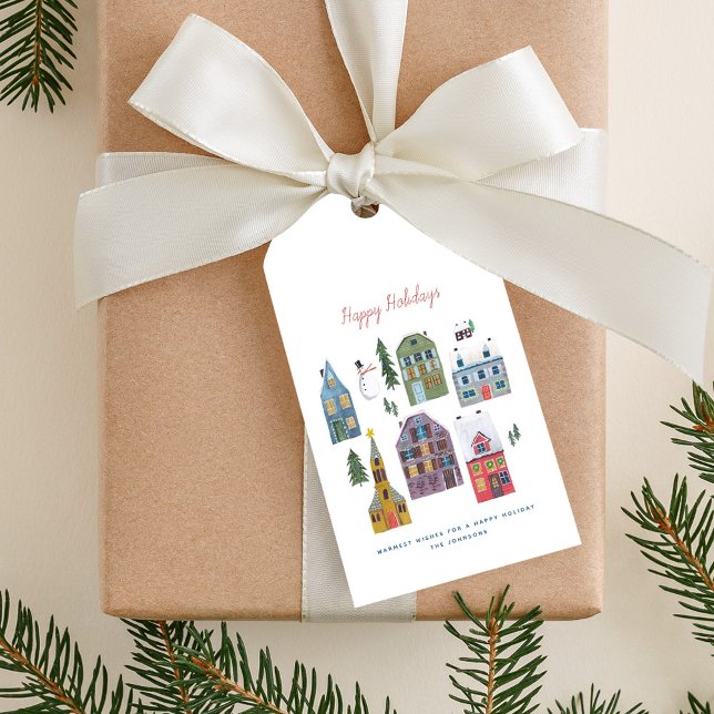 Söt vintersceneri med hus och by jul presentetikett (Cute Winter House Village Scene Christmas Gift Tags)