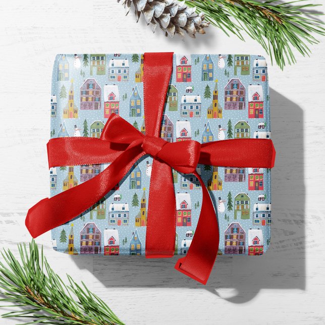 Söt vintersceneri med hus och by julmönster presentpapper (Cute Winter House Village Scene Christmas Pattern Wrapping Paper)