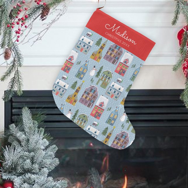 Söt vintersceneri med hus och by julmönster stor julstrumpa (Cute Winter House Village Scene Christmas Pattern Large Christmas Stocking)