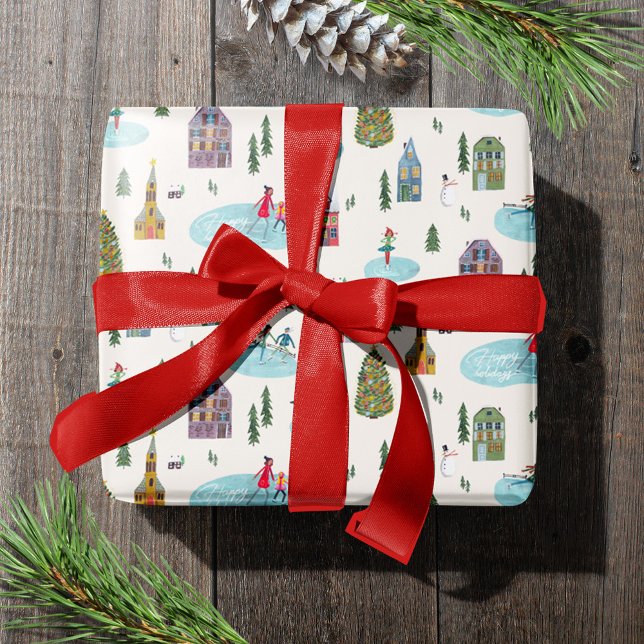 Söt vintersceneri med hus och julby presentpapper (Cute Winter House Village Scene Christmas Wrapping Paper)
