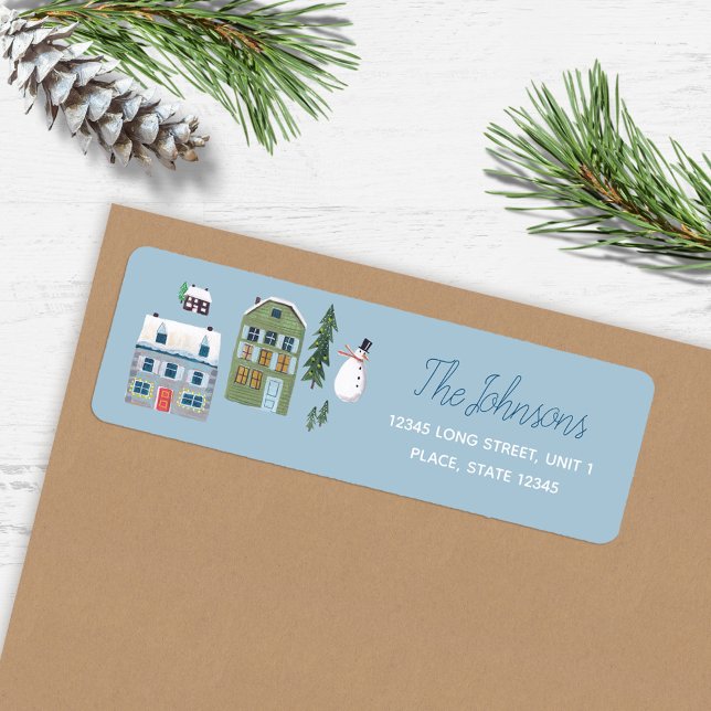 Söt vintersköjd by juladress returadress etikett (Cute Winter House Village Christmas Address Label)
