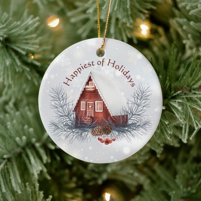 Söt vinterstuga anpassad julhelg  julgransprydnad keramik (Träd)