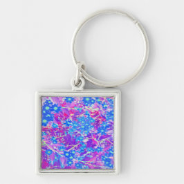 Söt Violet Blue och Lime Green Flowers Fyrkantig Silverfärgad Nyckelring