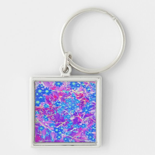 Söt Violet Blue och Lime Green Flowers Fyrkantig Silverfärgad Nyckelring (Framsidan)