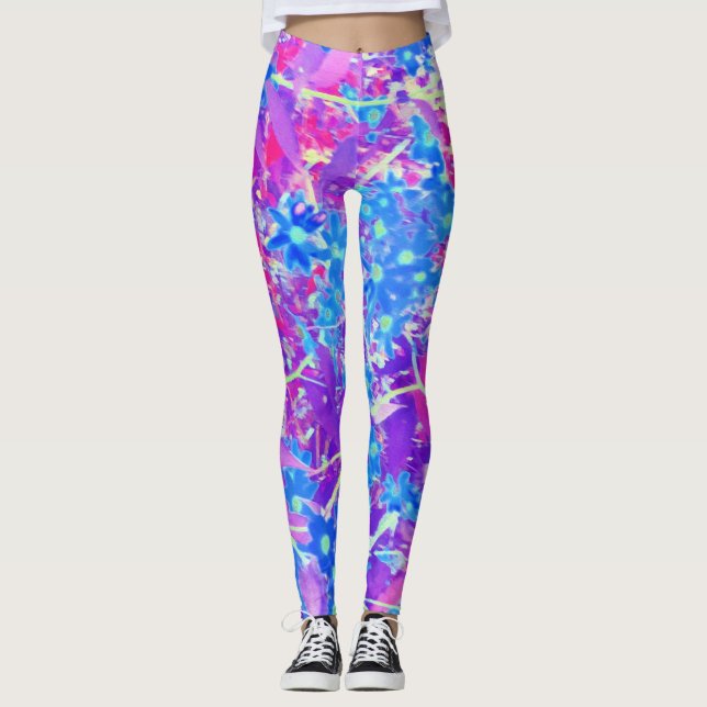 Söt Violet Blue och Lime Green Flowers Leggings (Framsida)