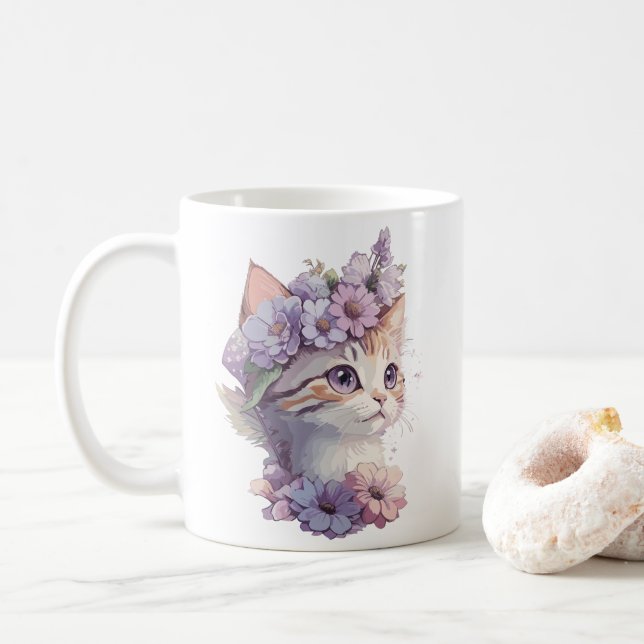 Söt violett akvarell katt med flora kaffemugg (Med munk)