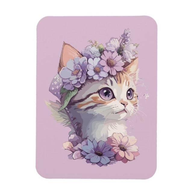 Söt violett akvarell katt med flora magnet (Vertikal)