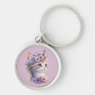Söt violett akvarell katt med flora rund silverfärgad nyckelring