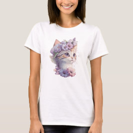 Söt violett akvarell katt med flora t shirt