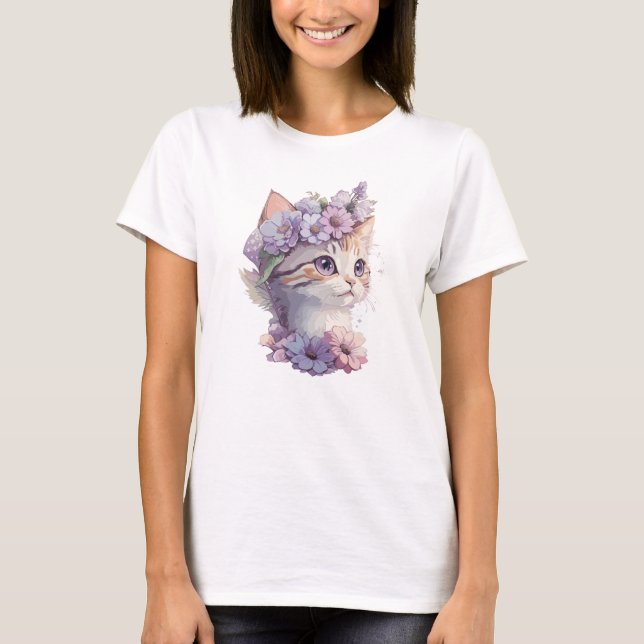 Söt violett akvarell katt med flora t shirt (Framsida)
