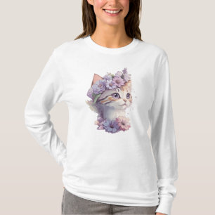 Söt violett akvarell katt med flora t shirt