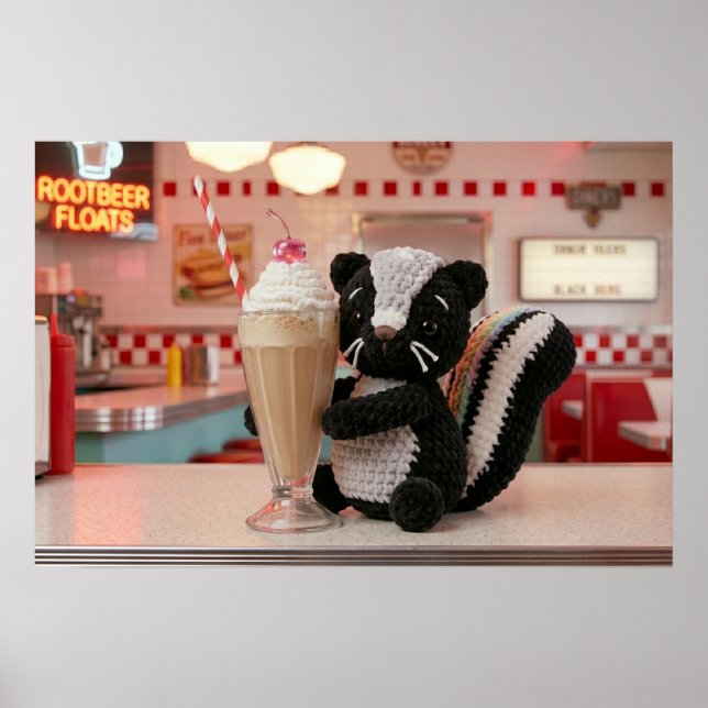 Söt virkad iller på retrodiner poster (Framsidan)