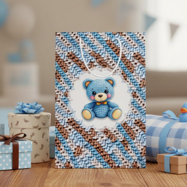 Söt virkad teddybjörn blå och brun (Skapare uppladdad)