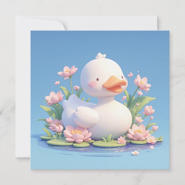 Söt Vit Anka i 3D Lertegelfloral Damm Postkort (Framsida)