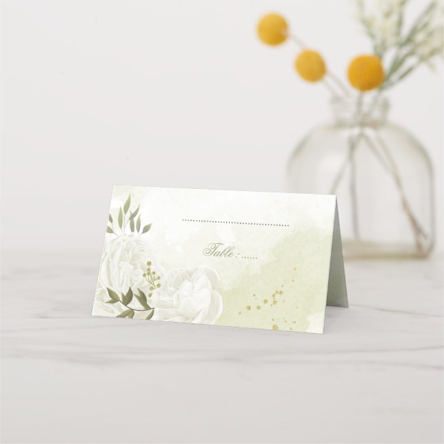 söt, vit blomma, grönt löv placeringskort (Framsida)