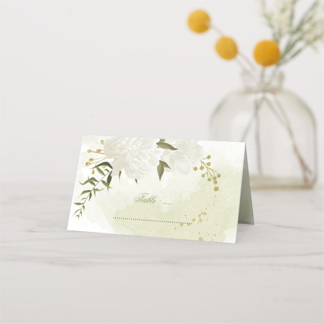 söt, vit blomma, grönt löv placeringskort (Framsida)