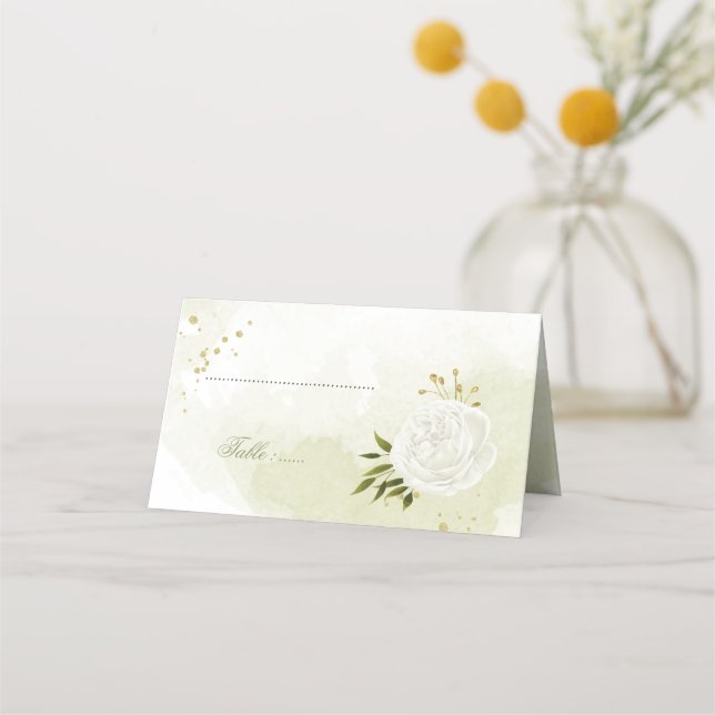 söt, vit blomma, grönt löv placeringskort (Framsida)