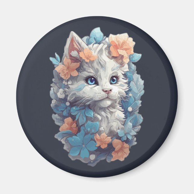 Söt vit blomsterkatt magnet (Framsidan)