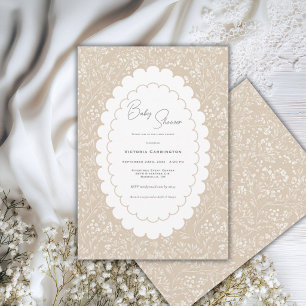 Söt vit brun blomster vintage baby shower inbjudningar