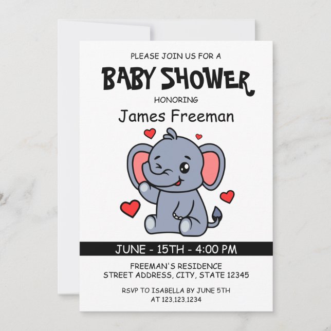 Söt vit elefant könsneutrala baby shower inbjudningar (Framsida)