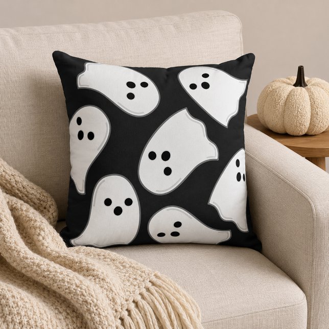Söt Vit Flygande Spökdesign Svart Halloween Kudde (Skapare uppladdad)