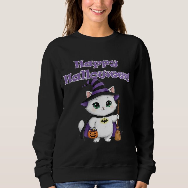 Söt Vit Häxa Katt Gott Halloween T Shirt (Framsida)