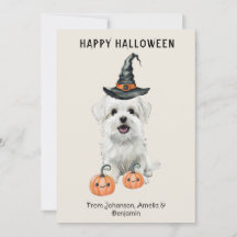 Söt vit hund Halloween-kort | Häxhatt pumpa
