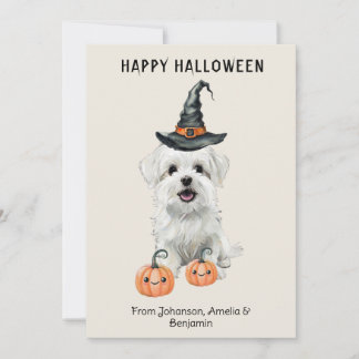 Söt vit hund Halloween-kort | Häxhatt pumpa Inbjudningar